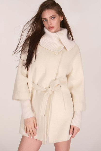 Asymmetrical Knit Collar Tie-Up Wool Coat