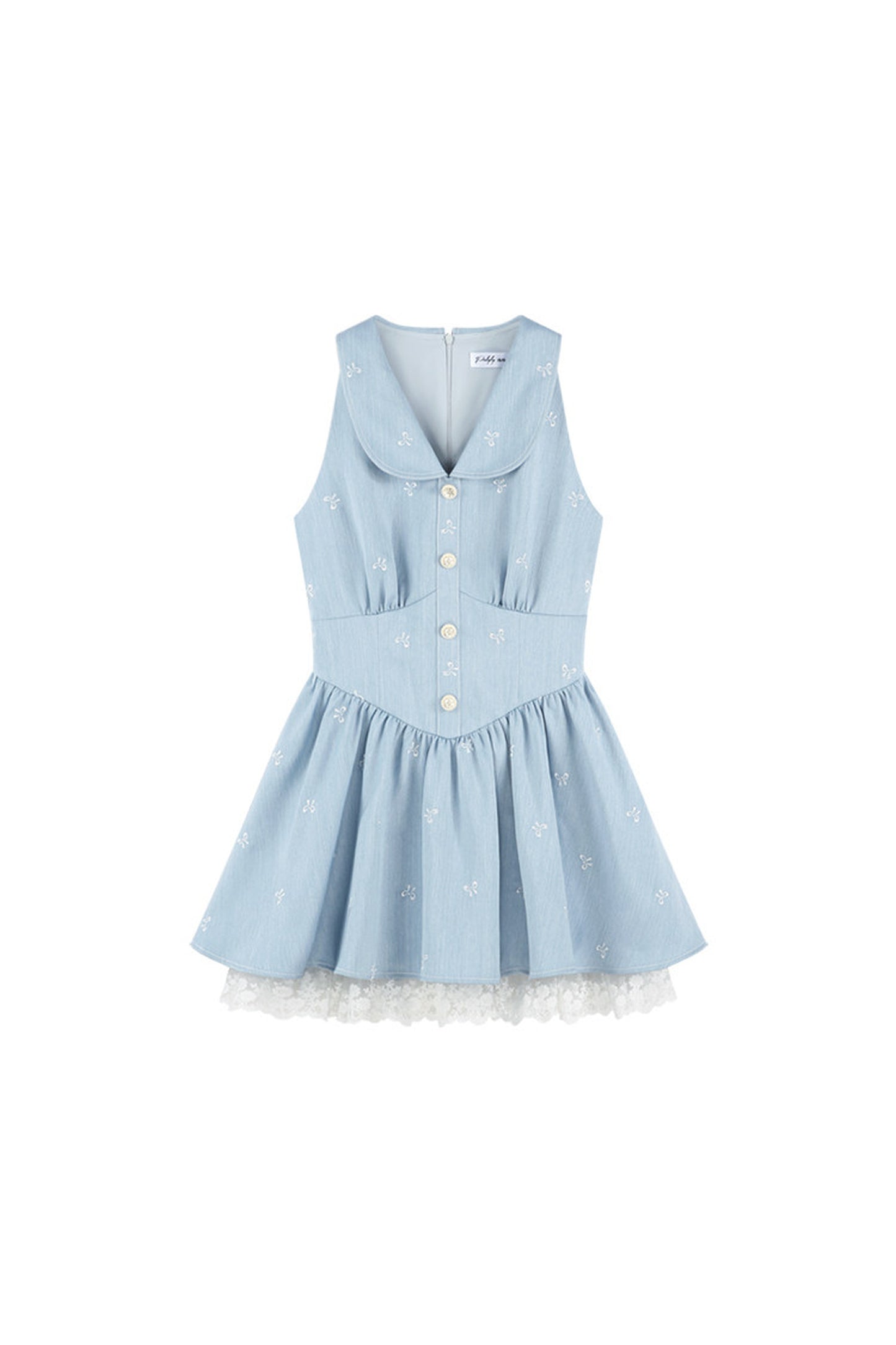 Blaues ärmelloses Kleid mit Reverskragen, Spitzeneinsatz und Rüschen