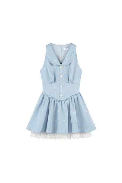 Blaues ärmelloses Kleid mit Reverskragen, Spitzeneinsatz und Rüschen