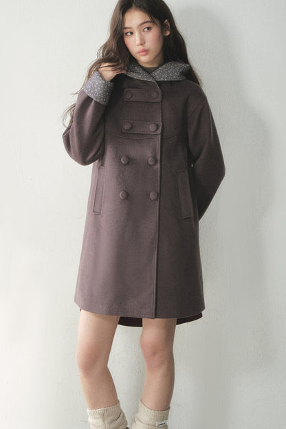 Double-Breasted Woolen Hooded Coat