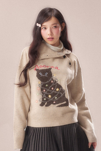 Diagonal Placket Cat Knit Pullover