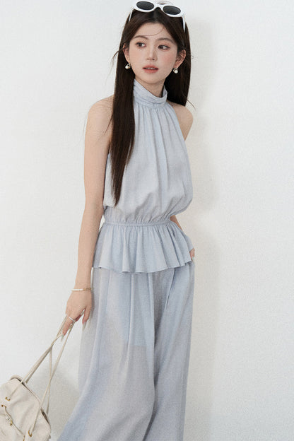 Blue Tencel Halter Shirt and Wide-Leg Pants Set