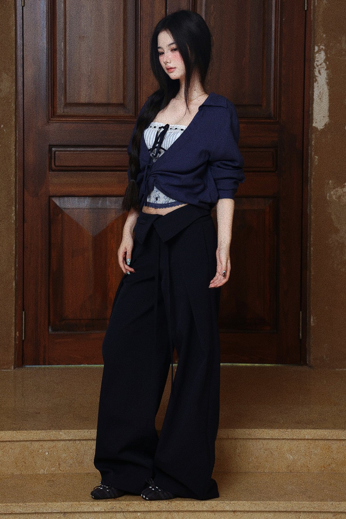 Navy Blue Knot Long Sleeve Shirt Set-Up