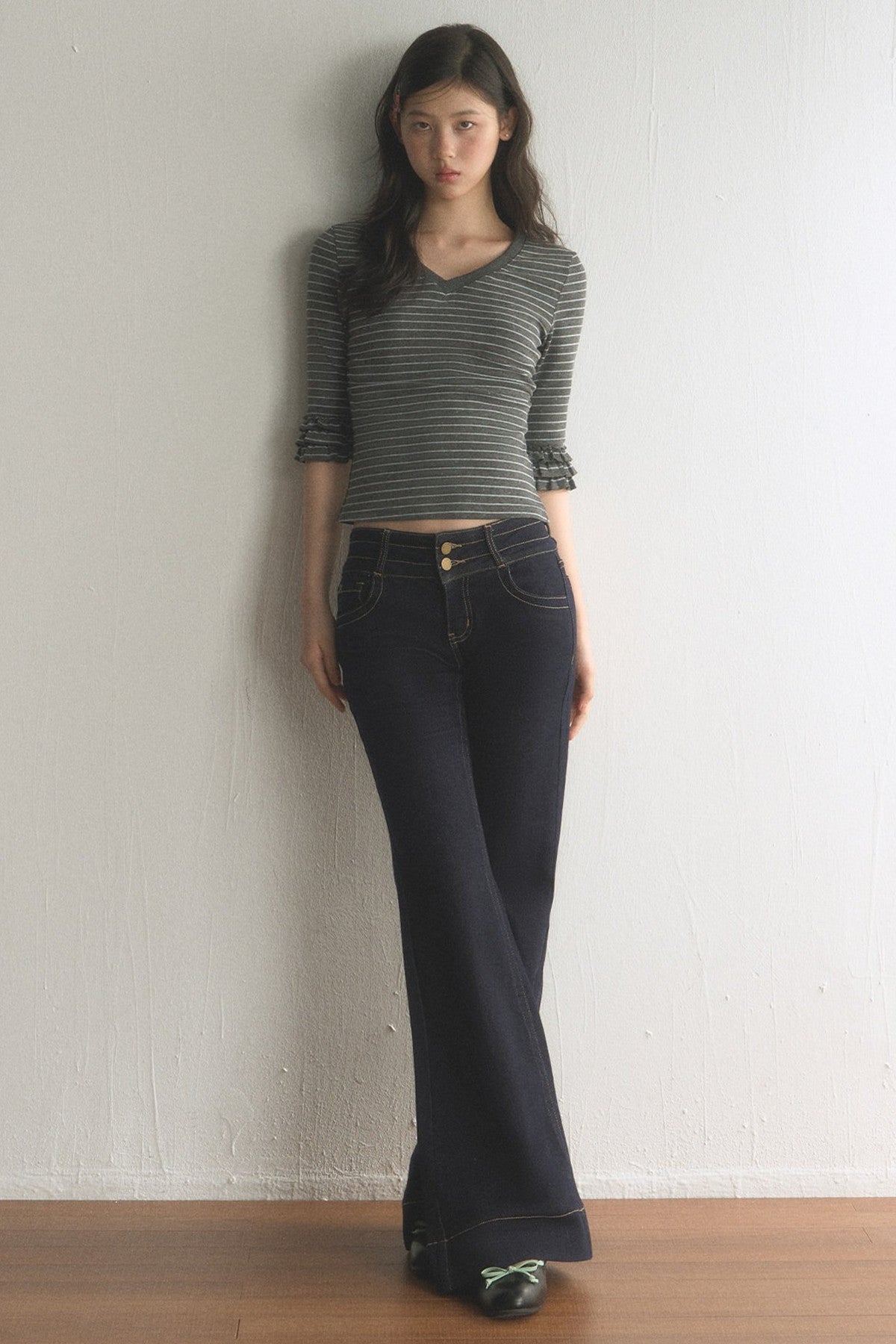 Striped Ruffled Patchwork Mid-Sleeve Top and Pants Set-Up