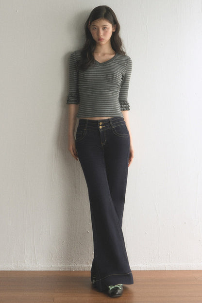Striped Ruffled Patchwork Mid-Sleeve Top and Pants Set-Up