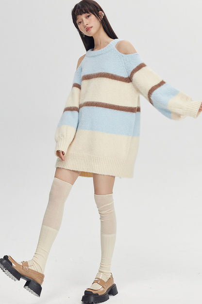 Off-Shoulder Striped Knit Sweater