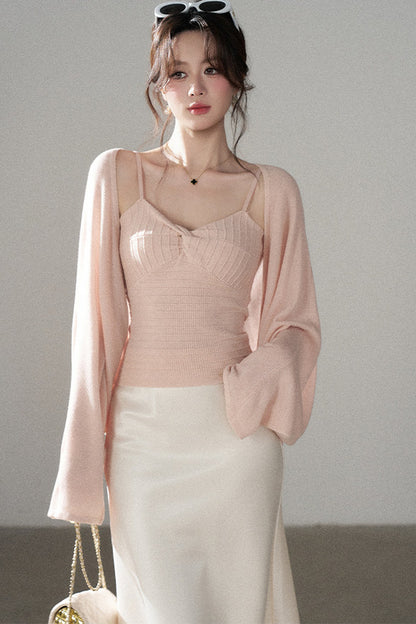 V-Neck Knitted Cardigan and Camisole Set-Up
