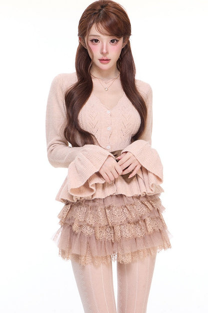 Bell-Sleeve Cardigan and Bow Belt Puffy Skirt Set-Up