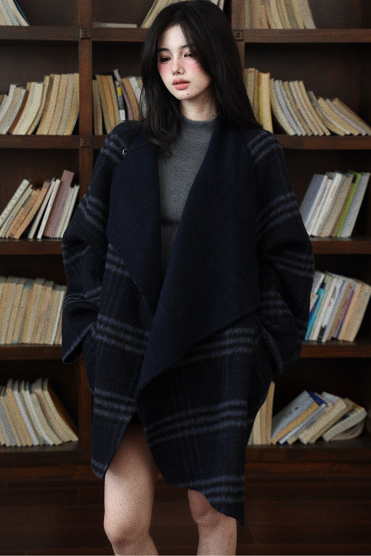 Navy Blue Plaid Reversible Woolen Coat