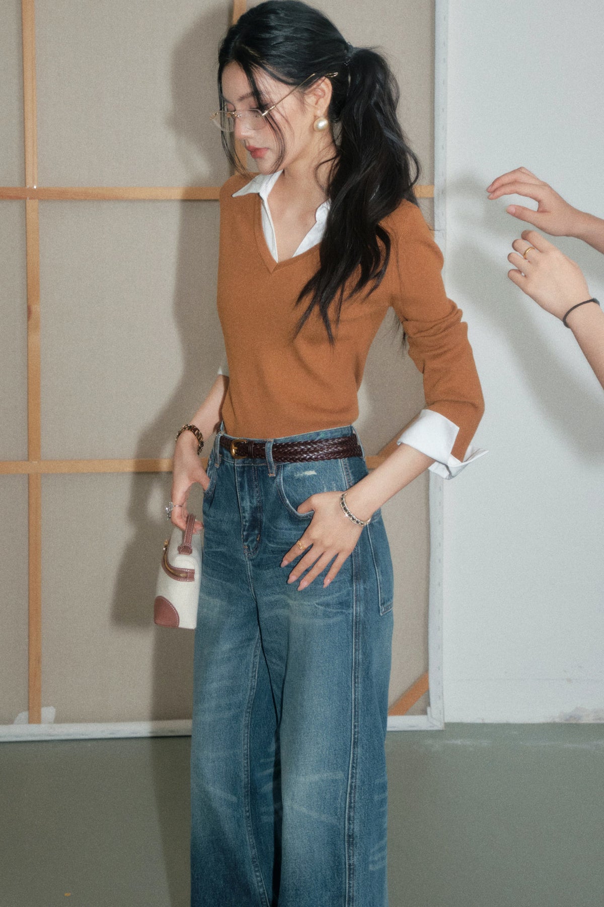 Brown Layered-Look Wool Knit Top and Pants Set