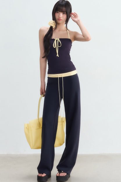 Color-Blocked Waistband Drawstring Wide-Leg Pants