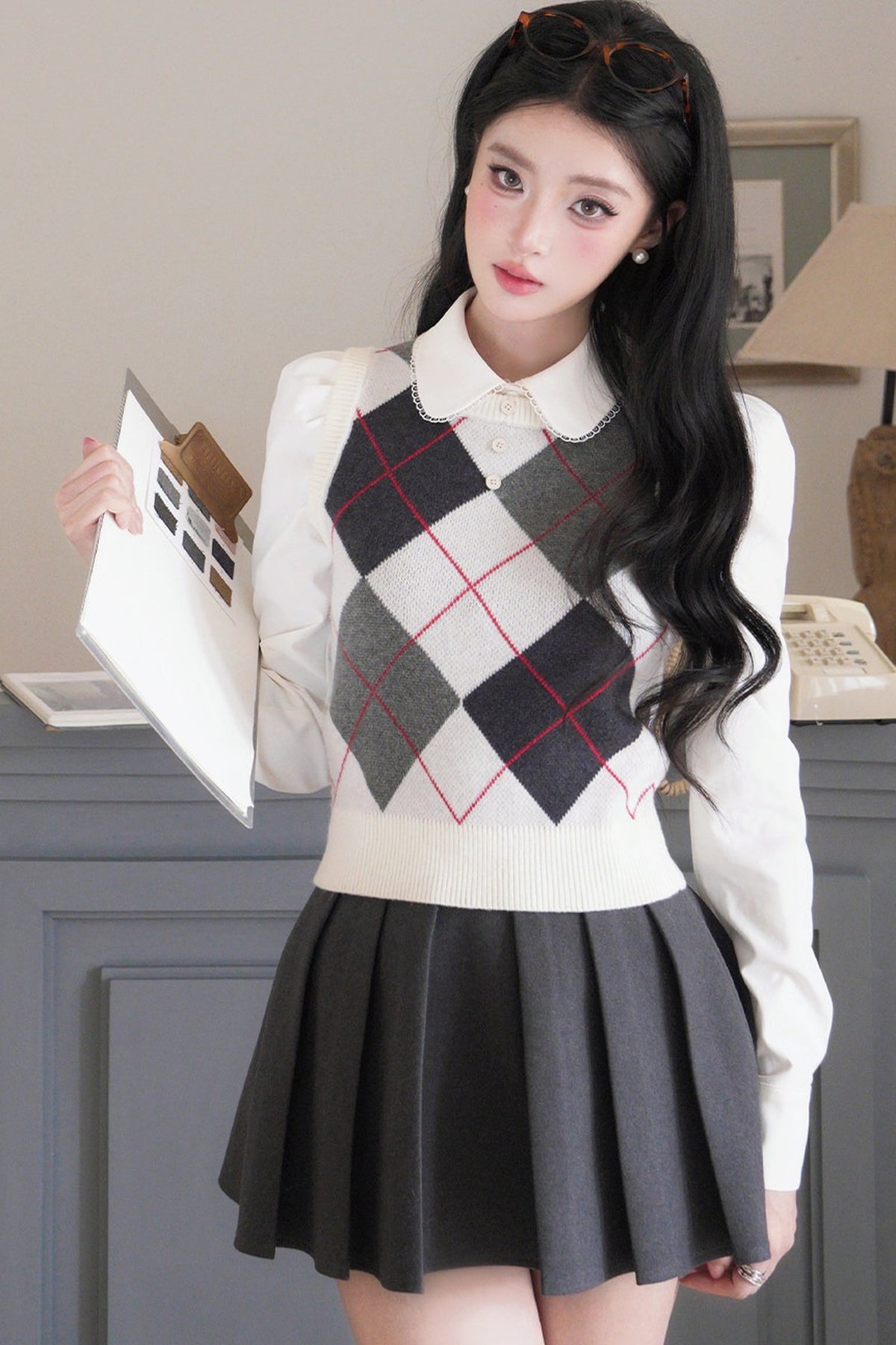 Blouse preppy à manches longues et col Claudine