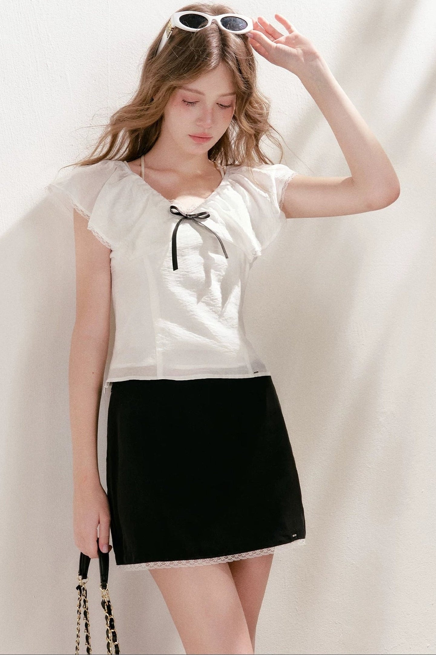 Lyocell Linen Ruffle Bow V-Neck Top and Skirt Set-Up