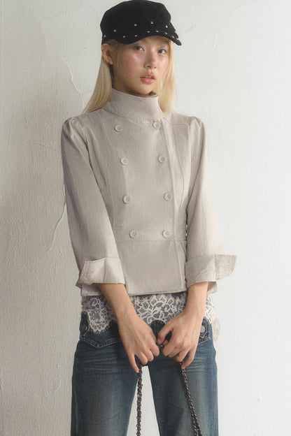 Stand Collar Double-Breasted Ruffled Hem Jacket
