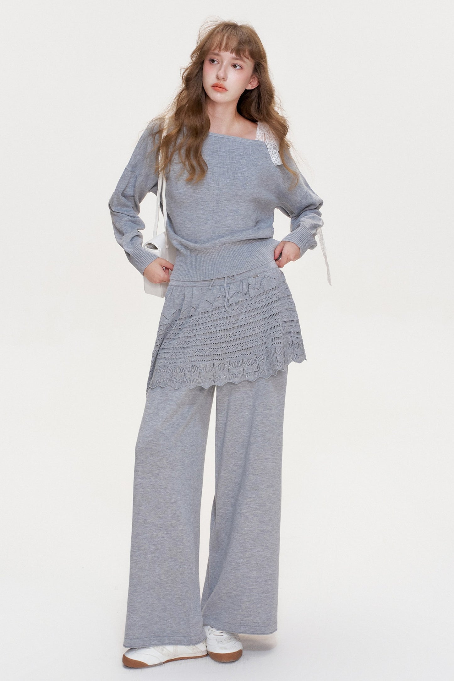 Wool Blend Off-Shoulder Lace Bow Knit Sweater and Pants Set-Up