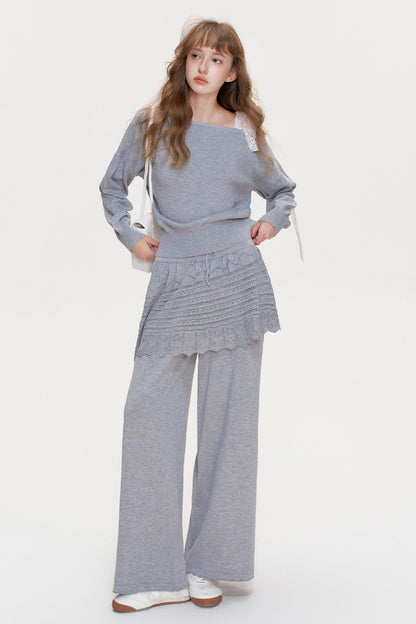 Wool Blend Off-Shoulder Lace Bow Knit Sweater and Pants Set-Up