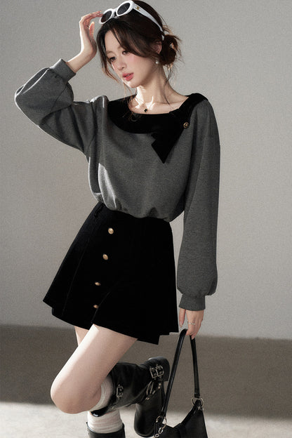 Gray Pullover Sweatshirt and Black Skirt Set-Up