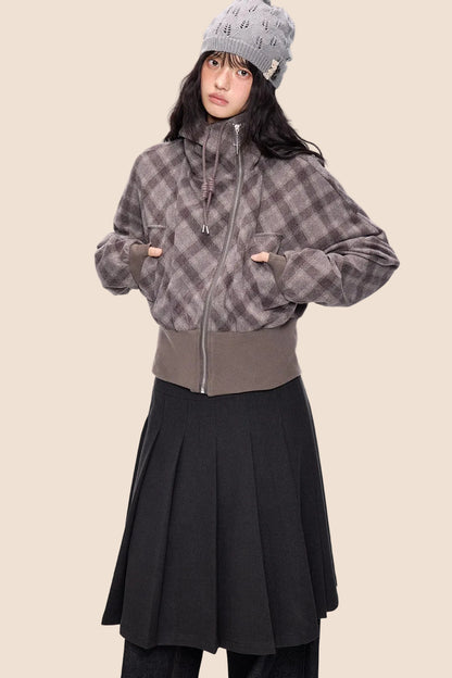 Plaid Patchwork Hem Hooded Jacket