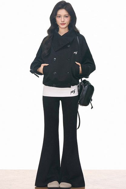 Double-Breasted Knitted Short Trench Coat and Pants Set-Up