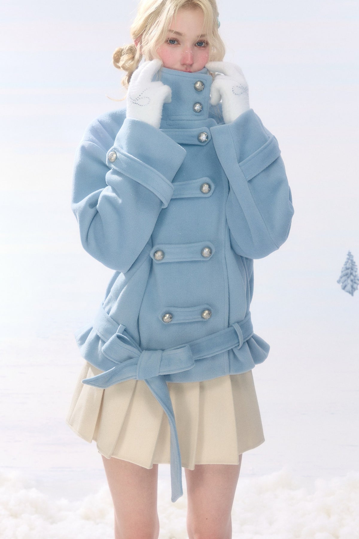 Light Blue Plush Stand Collar Coat