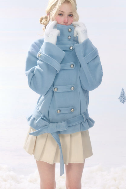 Light Blue Plush Stand Collar Coat