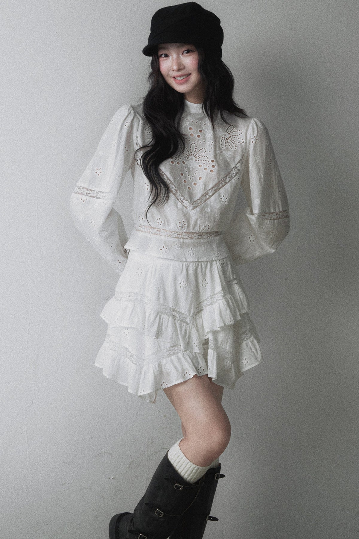 Long-Sleeved Hollow Embroidered Top and Asymmetrical Skirt Set-Up