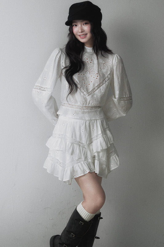 Long-Sleeved Hollow Embroidered Top and Asymmetrical Skirt Set-Up