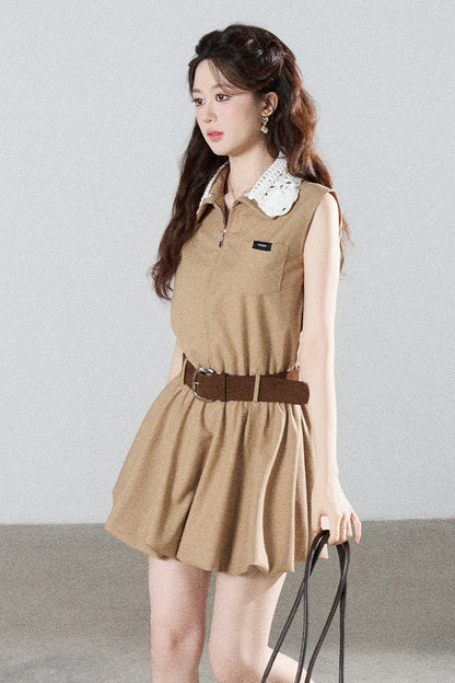 French Khaki Puff Dress