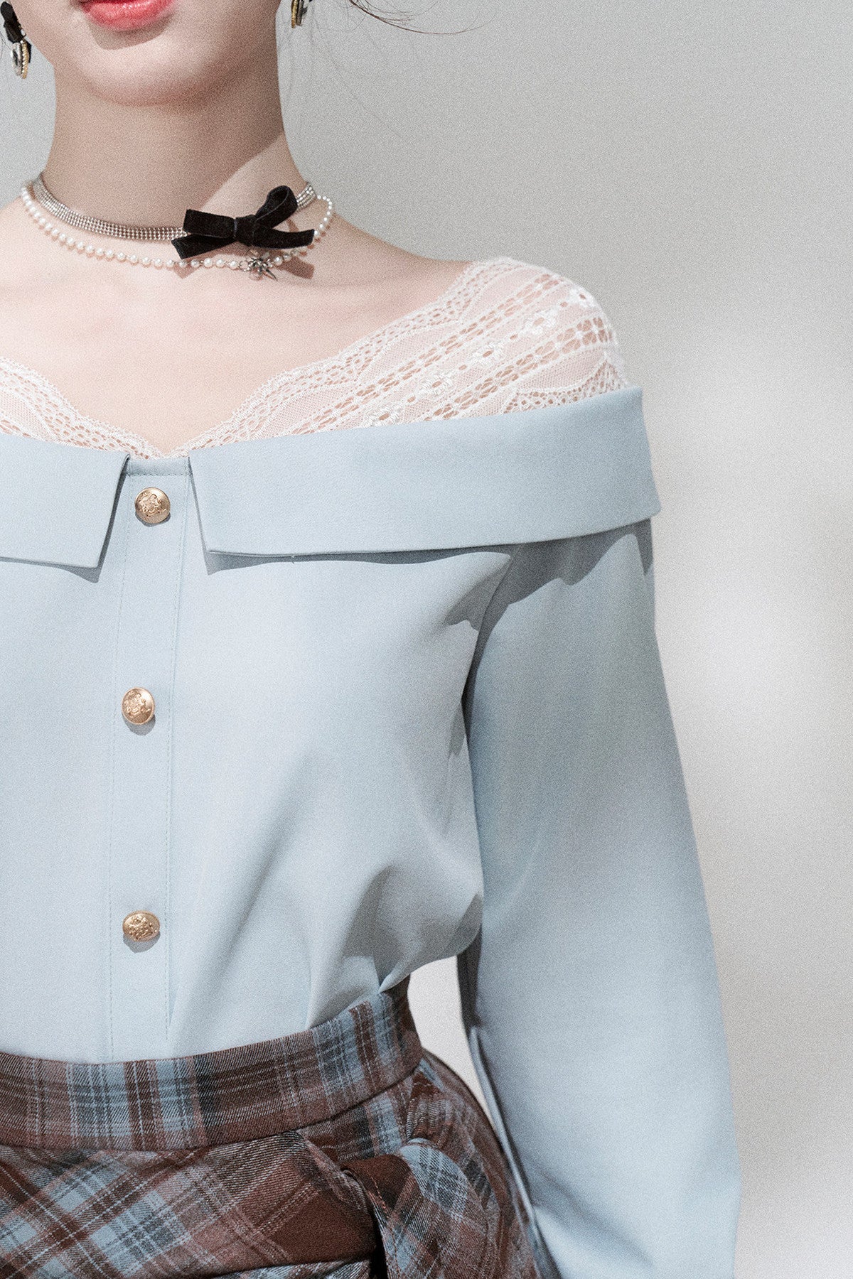 Blue Off-Shoulder Lace Blouse and Skirt Set-Up