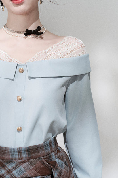 Blue Off-Shoulder Lace Blouse and Skirt Set-Up