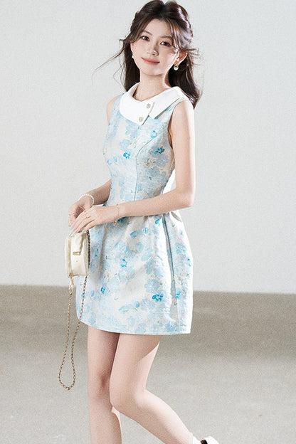 Blue Floral Jacquard Sleeveless Dress