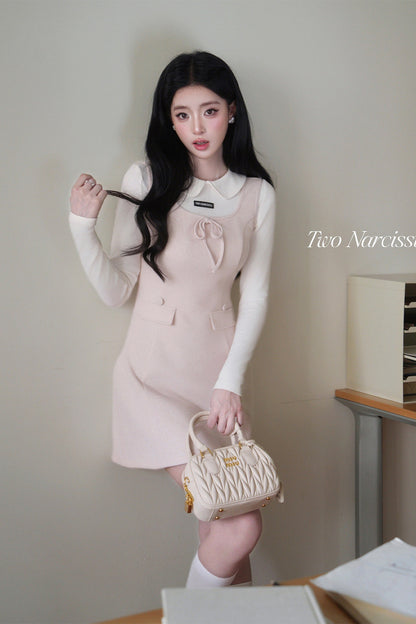 Doll Collar Bowknot Knit Top and Tank Dress Set-Up