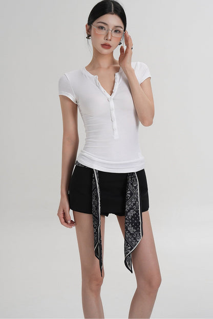 Wool Henley V-Neck Short Sleeve Top