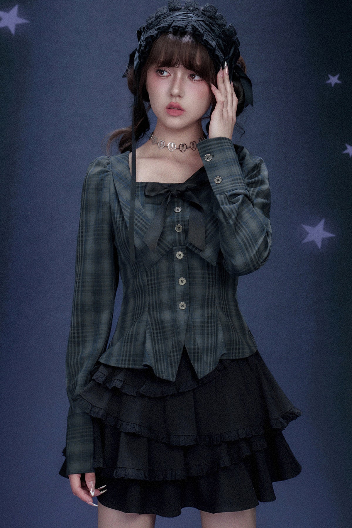 Blue Black Plaid Square Neck Shirt