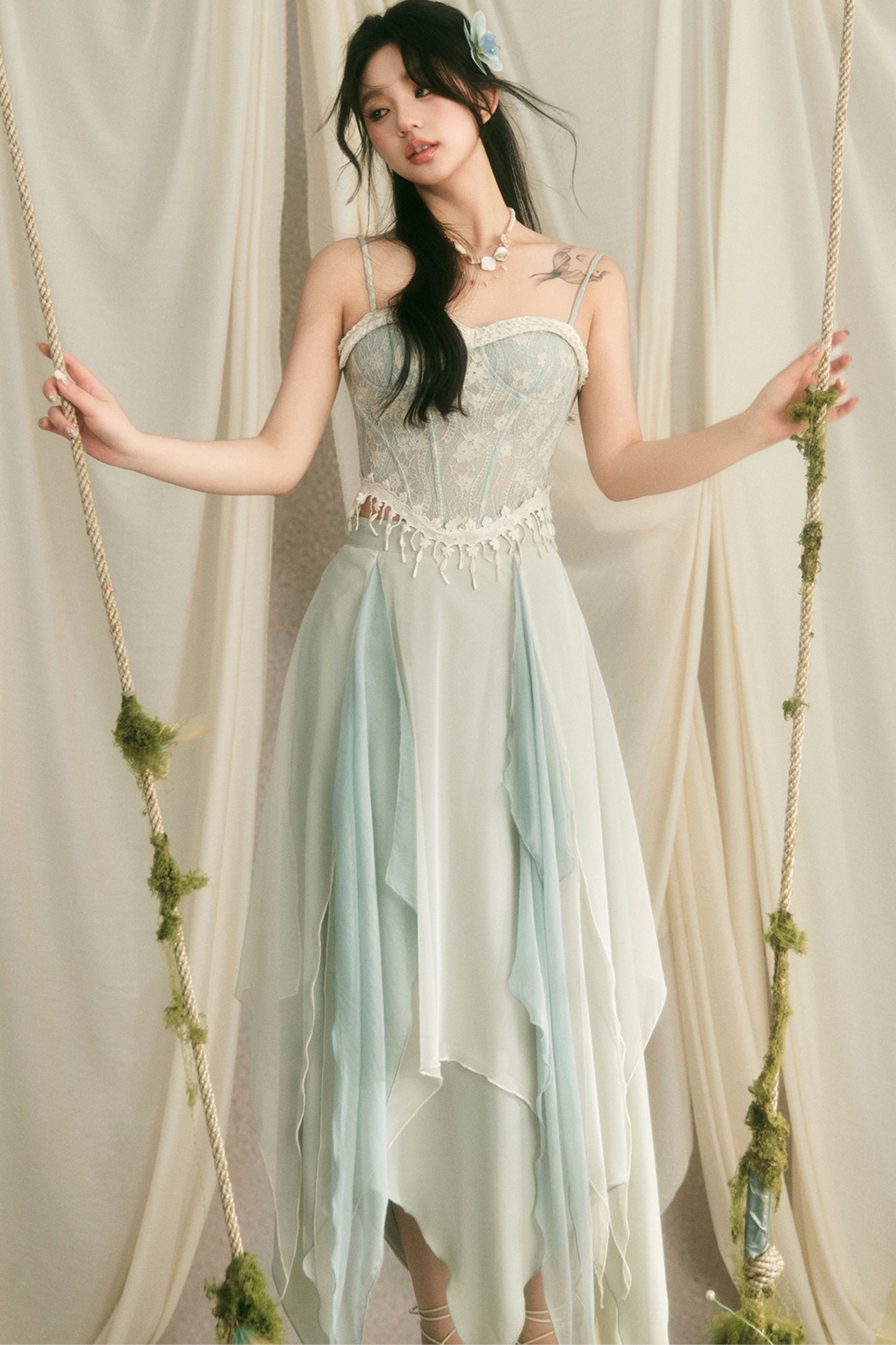 Retro Lace Fishbone Tube Top and Layered Skirt Set-Up