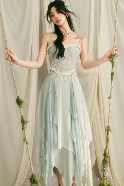 Retro Lace Fishbone Tube Top and Layered Skirt Set-Up