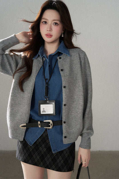 Layered-Look Denim Collar Sweater