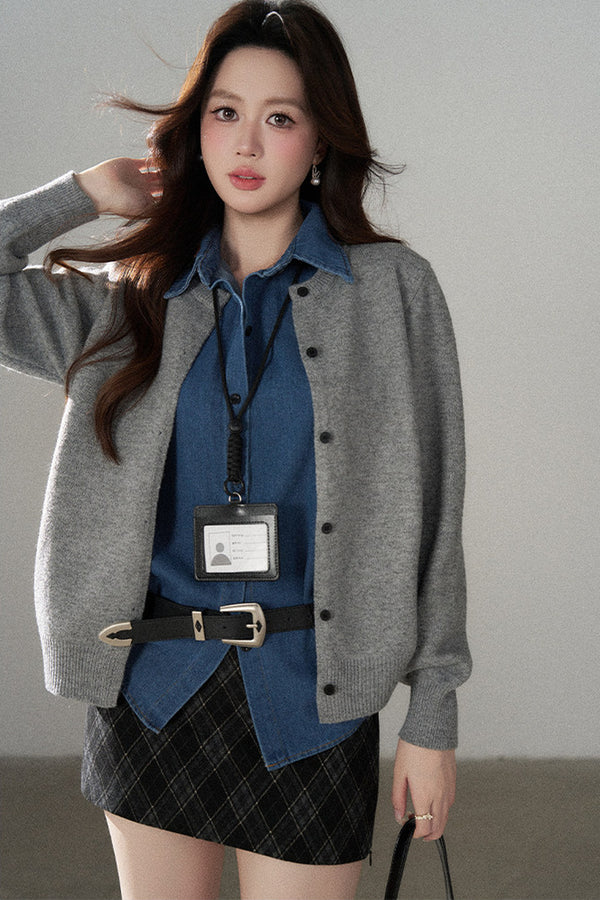 Layered-Look Denim Collar Sweater