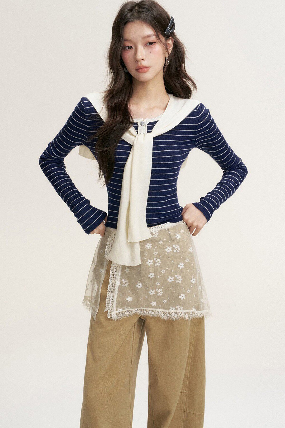 Striped Shawl Collar Long Sleeve Knit Sweater