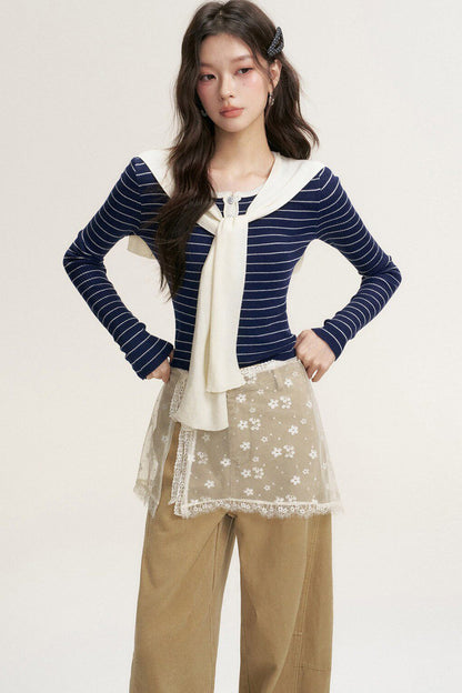 Striped Shawl Collar Long Sleeve Knit Sweater