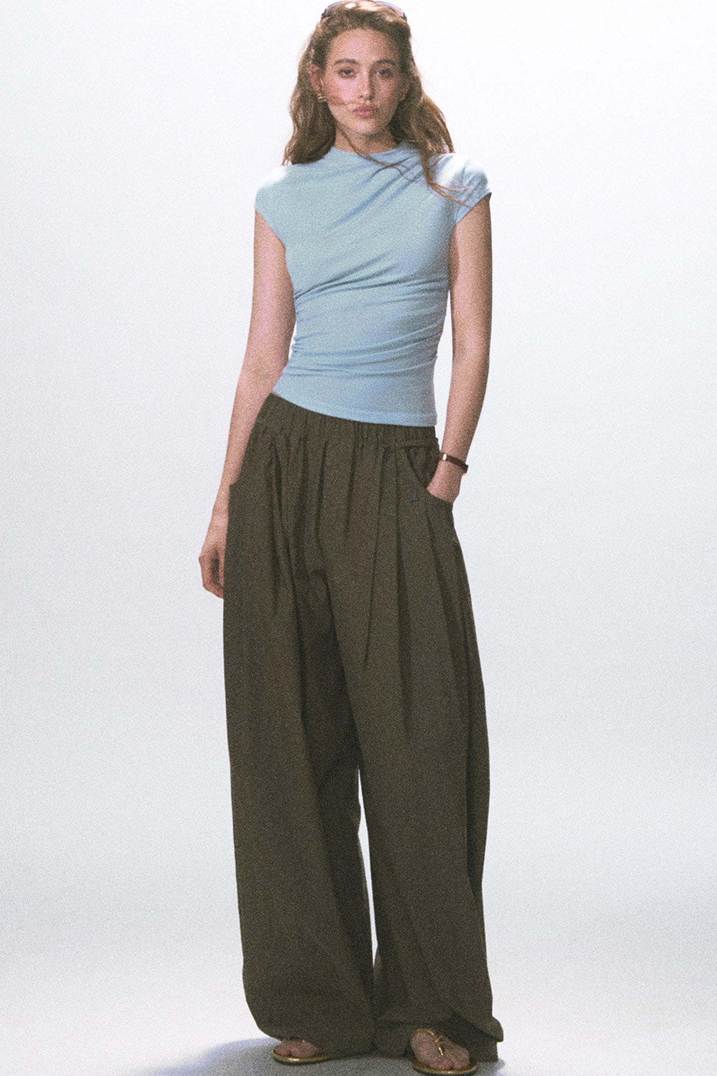 Wrinkled Twill Wide-Leg Pants