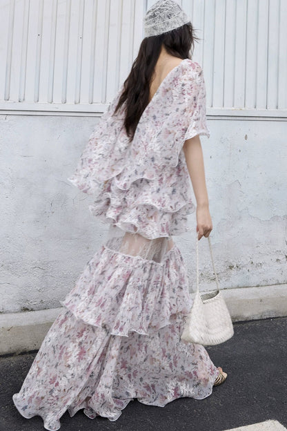 Romantic two-piece floral 3D ruffled skirt set