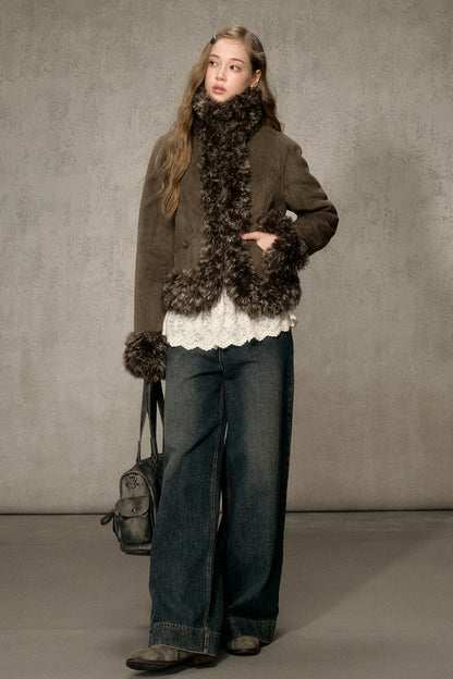 Faux Suede Short Fuzzy Collar Jacket