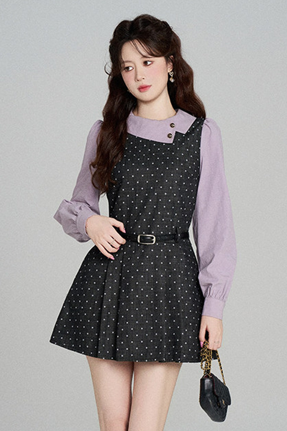 Black Purple Polka Dot Long Sleeve Dress