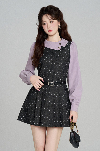 Black Purple Polka Dot Long Sleeve Dress