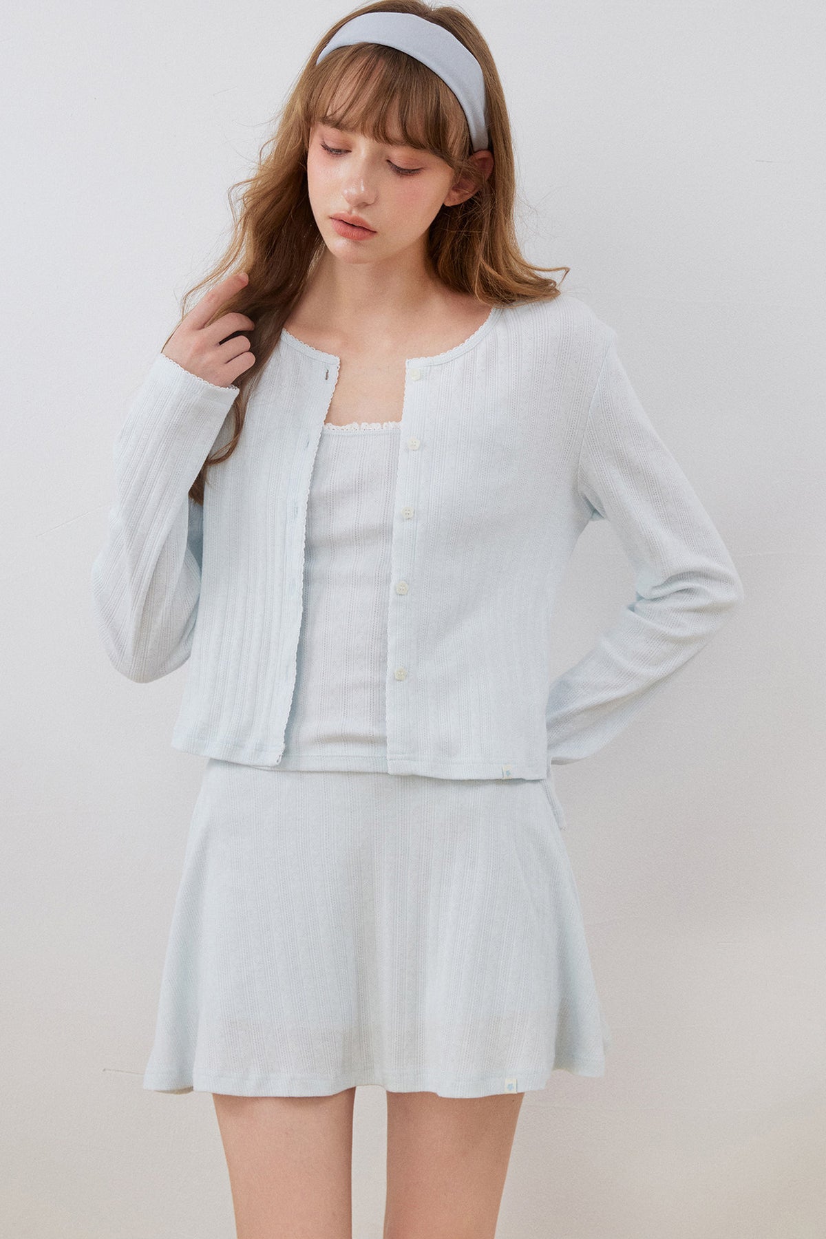 Lace Cut-Out Cardigan Cami A-Line Skirt Set-Up