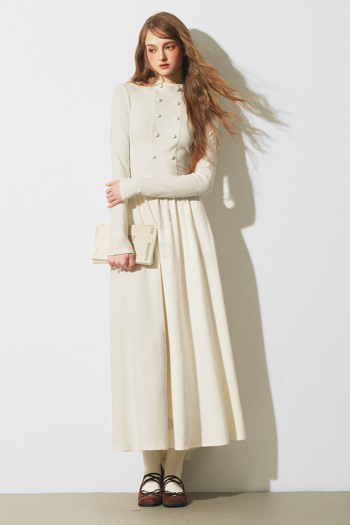 Knitted Sweater Cape and Double-Breasted Dress Set-Up