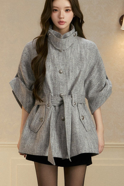Stand Collar Batwing Wool Cape Jacket