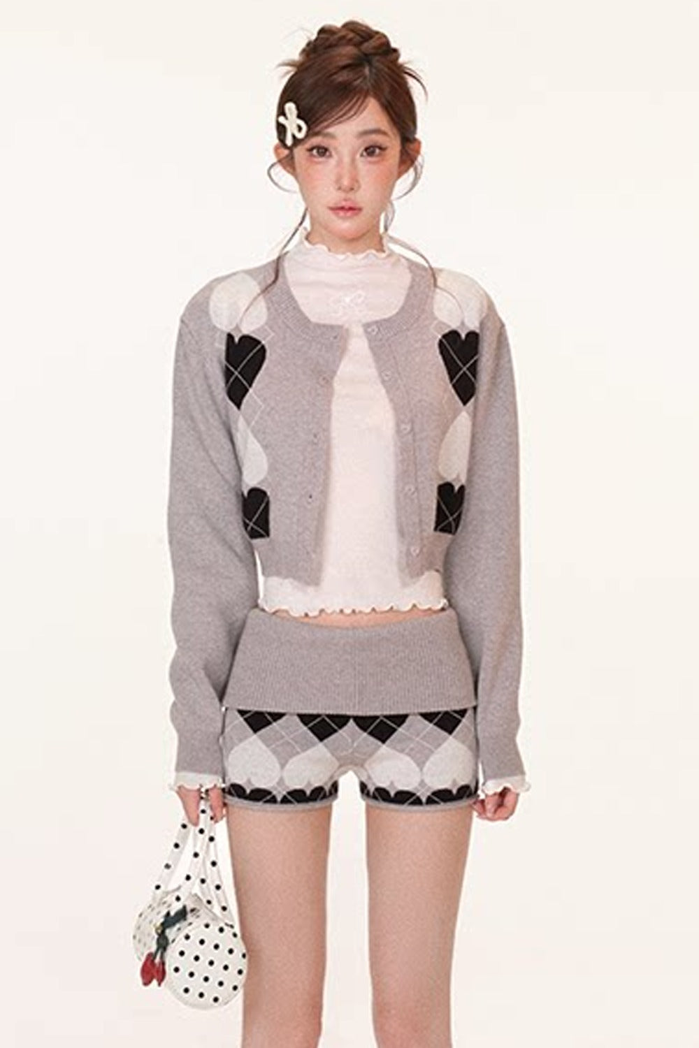 Heart Pattern Sweater Shorts Set With Embroidered Base Layer Top