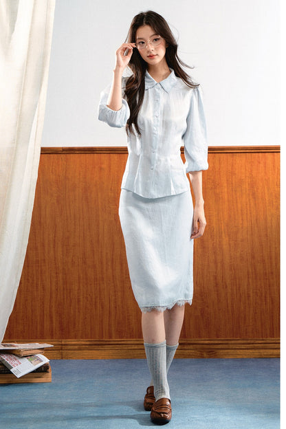 Lace Trim Puff Sleeve Top and Skirt Set-Up